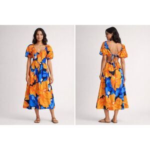 Tabitha Brown Target Floral Puff Sleeve Tie Back Midi Dress Size 4